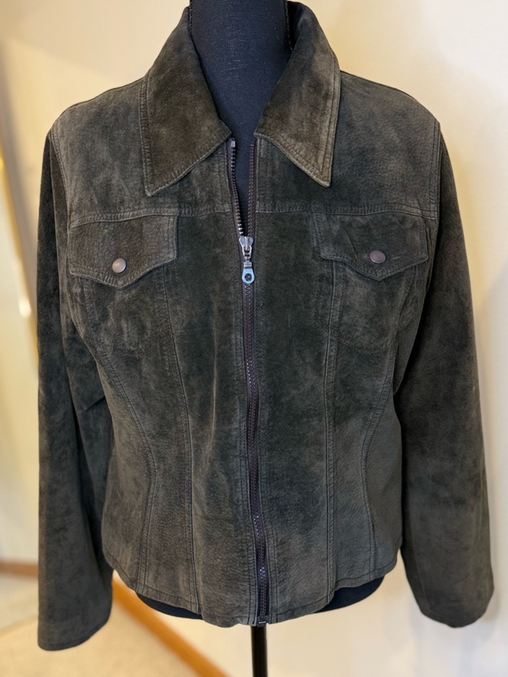 Vintage 90s Express Blues Suede Leather Jacket Olive Brown Zip Front Large